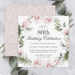 Invitación Feminine Pink Roses 80th Birthday Party<br><div class="desc">Celebrar el 80 cumpleaños con un hermoso estilo femenino con esta invitación única de cumpleaños cuadrada en flores rosas. El texto de su evento está rodeado por una cortina de flores de color rosa pastel y un verde brillante. Todo el texto se puede personalizar con el texto de su fiesta...</div>