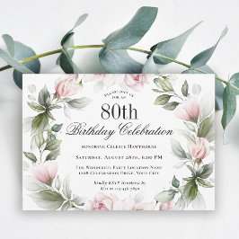 Invitación Feminine Pink Roses 80th Birthday Party