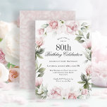 Invitación Feminine Pink Roses 80th Birthday Party<br><div class="desc">Celebrar un cumpleaños número 80 en el más bello estilo femenino con esta exquisita invitación de cumpleaños en flores rosas. El texto de su evento está rodeado por una cortina de flores de color rosa pastel y un verde brillante. Todo el texto se puede personalizar con el texto de su...</div>