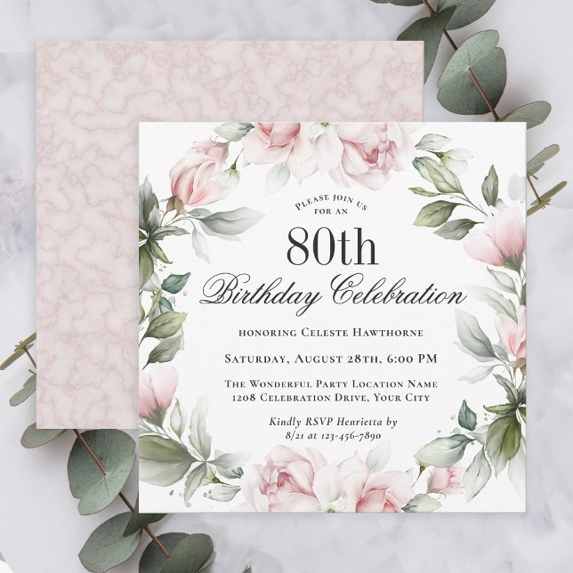 Invitación Feminine Pink Roses 80th Birthday Party (Subido por el creador)