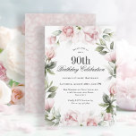 Invitación Feminine Pink Roses 90th Birthday Party<br><div class="desc">Celebrar un cumpleaños número 90 en el más bello estilo femenino con esta exquisita invitación de cumpleaños en flores rosas. El texto de su evento está rodeado por una cortina de flores de color rosa pastel y un verde brillante. Todo el texto se puede personalizar con el texto de su...</div>