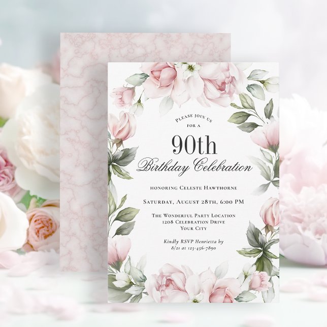Invitación Feminine Pink Roses 90th Birthday Party (Available as printed and paperless digital download!)