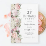 Invitación Feminine Pink Roses Floral 21ª Fiesta de cumpleaño<br><div class="desc">Una invitación muy femenina para celebrar el 21º cumpleaños con un estilo elegante,  este diseño floral irresistible bordea las rosas rosas rosas rosadas,  las flores mezcladas y la vegetación que lo rodea. Todo el texto puede ser personalizado para su información fiesta,  incluyendo la edad del invitado de honor.</div>