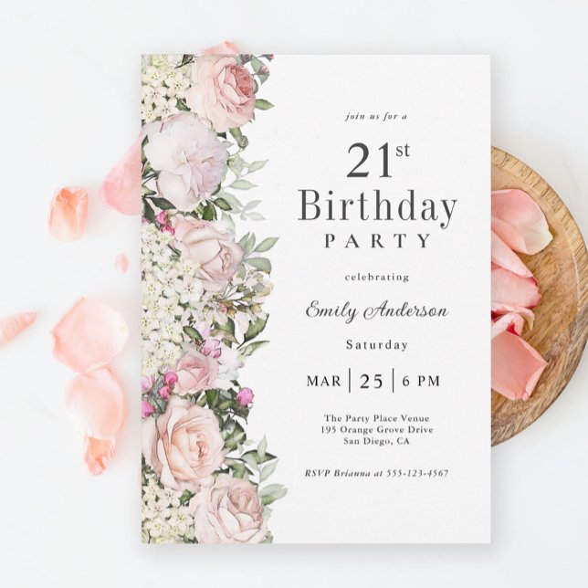 Invitación Feminine Pink Roses Floral 21ª Fiesta de cumpleaño (Available in both printed and instant download digital formats.)