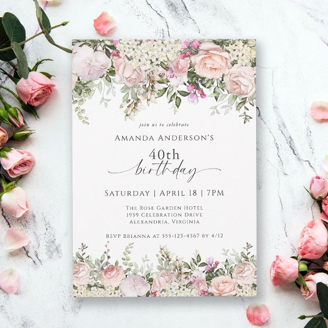 Invitación Feminine Pink Roses Floral 40th Birthday Fiesta (Available in both printed and instant download digital formats.)