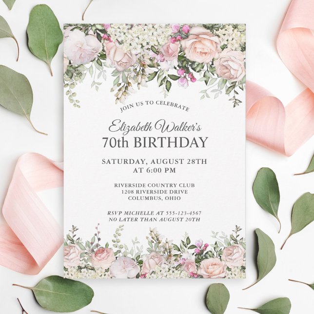 Invitación Feminine Pink Roses Floral 70th Birthday Party (Subido por el creador)