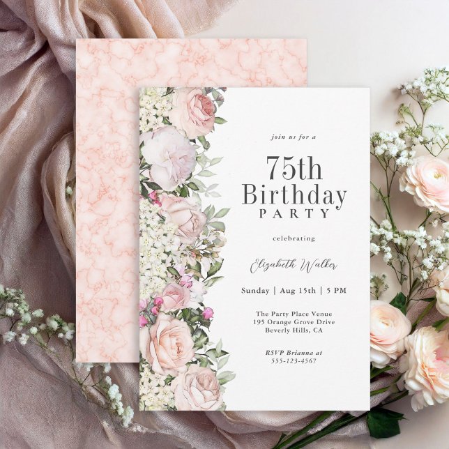 Invitación Feminine Pink Roses Floral 75th Birthday Party (Available as printed and paperless digital download!)