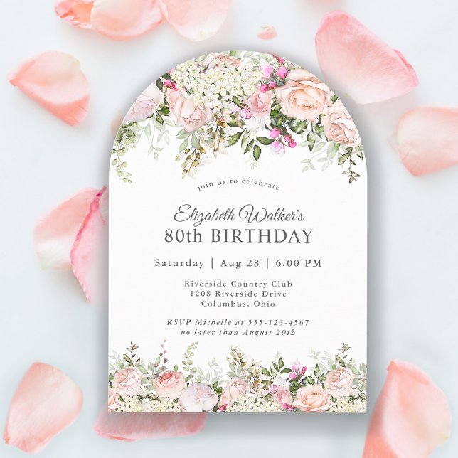 Invitación Feminine Pink Roses Floral 80th Birthday Party (Subido por el creador)