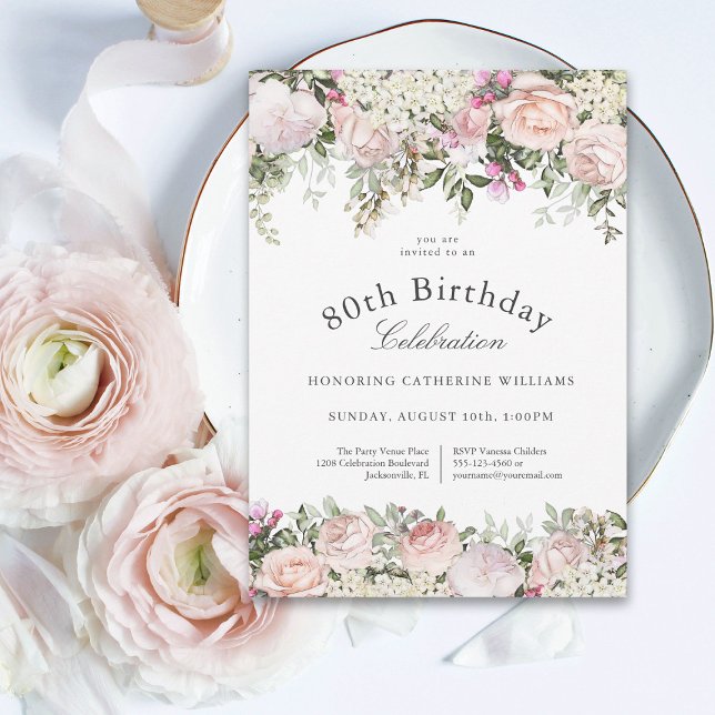 Invitación Feminine Pink Roses Floral 80th Birthday Party (Subido por el creador)