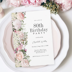 Invitación Feminine Pink Roses Floral 80th Birthday Party