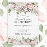 Invitación Feminine Pink Roses Floral 80th Birthday Party<br><div class="desc">Esta irresistible florida invitación a celebrar los 80 años con un estilo elegante es una hermosa invitación femenina. El diseño floral está bordeado de encantadoras rosas rosas rosas rosas rosas, flores mezcladas y vegetación que se arrastra. Todo el texto puede ser personalizado para tu fiesta, incluso para el huésped de...</div>