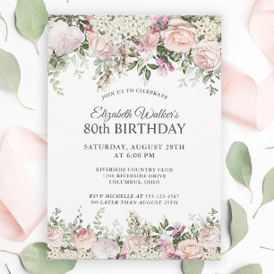 Invitación Feminine Pink Roses Floral 80th Birthday Party