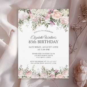 Invitación Feminine Pink Roses Floral 85th Birthday Party