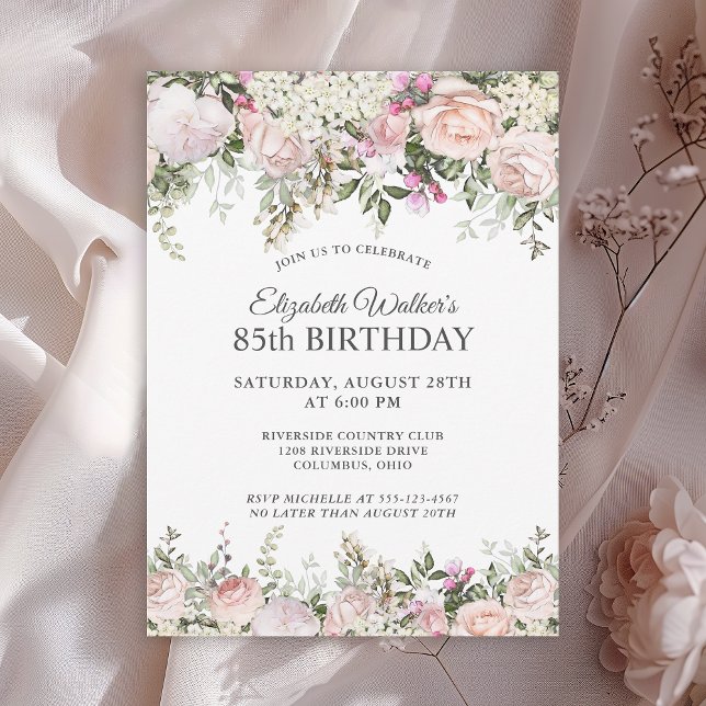 Invitación Feminine Pink Roses Floral 85th Birthday Party (Available in both printed and instant download digital formats.)