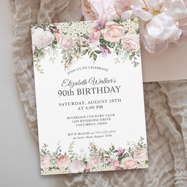 Invitación Feminine Pink Roses Floral 90th Birthday Party (Available in both printed and paperless instant download formats.)