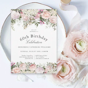 Invitación Feminine Pink Roses Floral Fiesta de cumpleaños nú