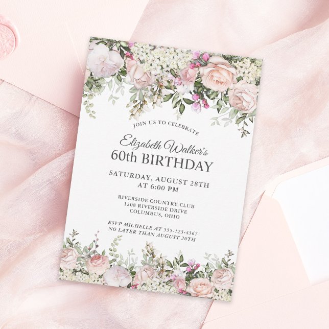 Invitación Feminine Pink Roses Floral Fiesta de cumpleaños nú (Subido por el creador)