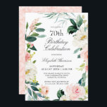 Invitación Feminine Rubor Pink Floral 70th Birthday Party<br><div class="desc">Una bella invitación femenina para la fiesta de cumpleaños número 70 enmarcada en una corona de rosas de color rosa y blanco y vegetación. Las combinaciones de colores son femeninas y alegres para preparar a sus invitados a una feliz celebración. Personalice los detalles del evento reemplazando el texto de ejemplo...</div>