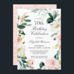 Invitación Feminine Rubor Pink Floral 70th Birthday Party<br><div class="desc">Una bella invitación femenina para la fiesta de cumpleaños número 70 enmarcada en una corona de rosas de color rosa y blanco y vegetación. Las combinaciones de colores son femeninas y alegres para preparar a sus invitados a una feliz celebración. Personalice los detalles del evento reemplazando el texto de ejemplo...</div>