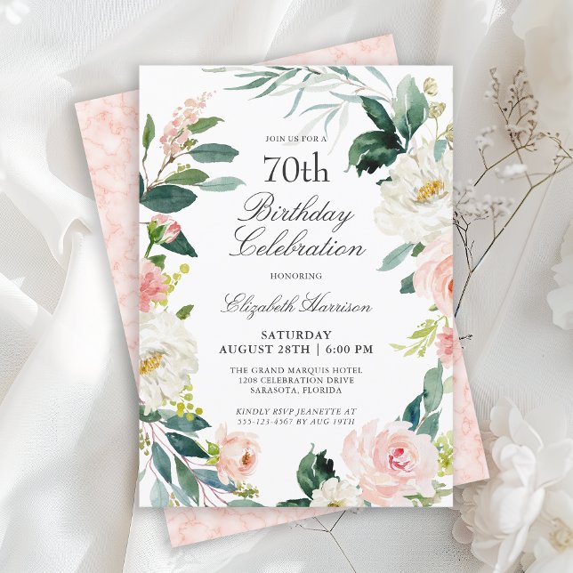 Invitación Feminine Rubor Pink Floral 70th Birthday Party (Available in both printed and instant download digital formats.)