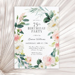 Invitación Feminine Rubor Rosa Floral 75th Birthday Party<br><div class="desc">Una bella invitación femenina para la fiesta de cumpleaños número 75 enmarcada en una corona de rosas de color rosa y blanco y vegetación. Las combinaciones de colores son femeninas y alegres para preparar a sus invitados a una feliz celebración. Personalice los detalles del evento reemplazando el texto de ejemplo...</div>