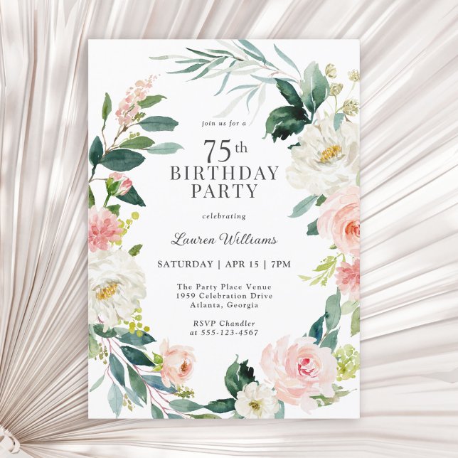 Invitación Feminine Rubor Rosa Floral 75th Birthday Party (Available in both printed and instant download digital formats.)