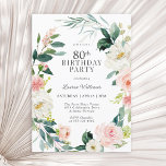 Invitación Feminine Rubor Rosa Floral 80th Birthday Party<br><div class="desc">Una bella invitación femenina para la fiesta de cumpleaños número 80 enmarcada en una corona de rosas de color rosa y blanco y vegetación. Las combinaciones de colores son femeninas y alegres para preparar a sus invitados a una feliz celebración. Personalice los detalles del evento reemplazando el texto de ejemplo...</div>