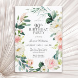 Invitación Feminine Rubor Rosa Floral 90th Birthday Party<br><div class="desc">Una bella invitación feminista para la fiesta de cumpleaños número 90 enmarcada en una corona de rosas de color rosa y blanco y vegetación. Las combinaciones de colores son femeninas y alegres para preparar a sus invitados a una feliz celebración. Personalice los detalles del evento reemplazando el texto de ejemplo...</div>