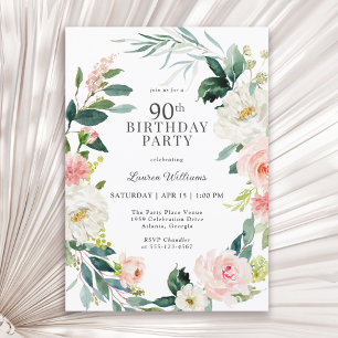Invitación Feminine Rubor Rosa Floral 90th Birthday Party