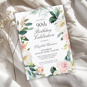 Invitación Feminine Rubor Rosa Floral 90th Birthday Party