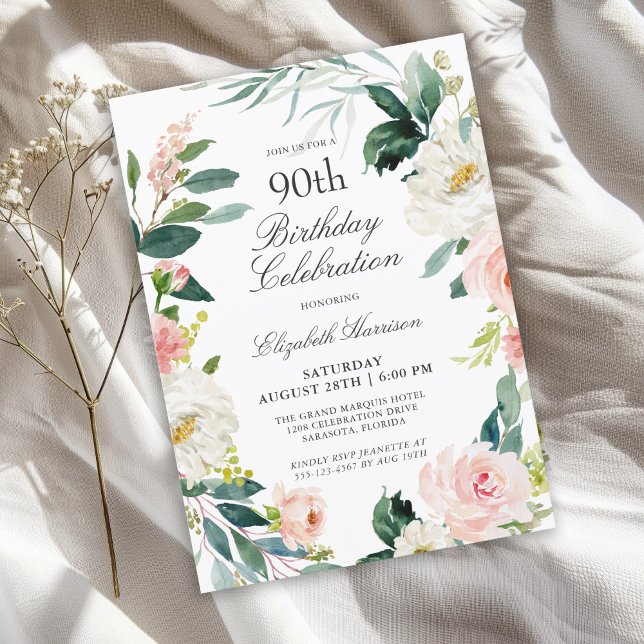 Invitación Feminine Rubor Rosa Floral 90th Birthday Party (Available in both printed and instant download digital formats.)