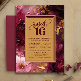 Invitación Feminine Sweet Sixteen Burgundy Floral Gold Invite