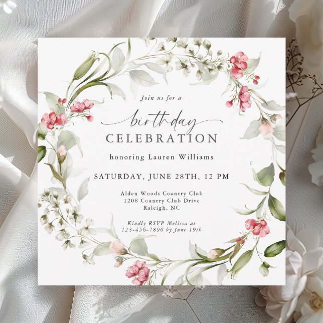Invitación Feminine Watercolor Floral Birthday Celebración (Available in both printed and instant download digital formats.)
