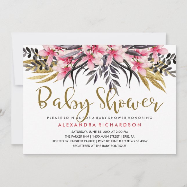 Invitación Fendy Faux Gold Purpurina Floral Baby Shower (Anverso)