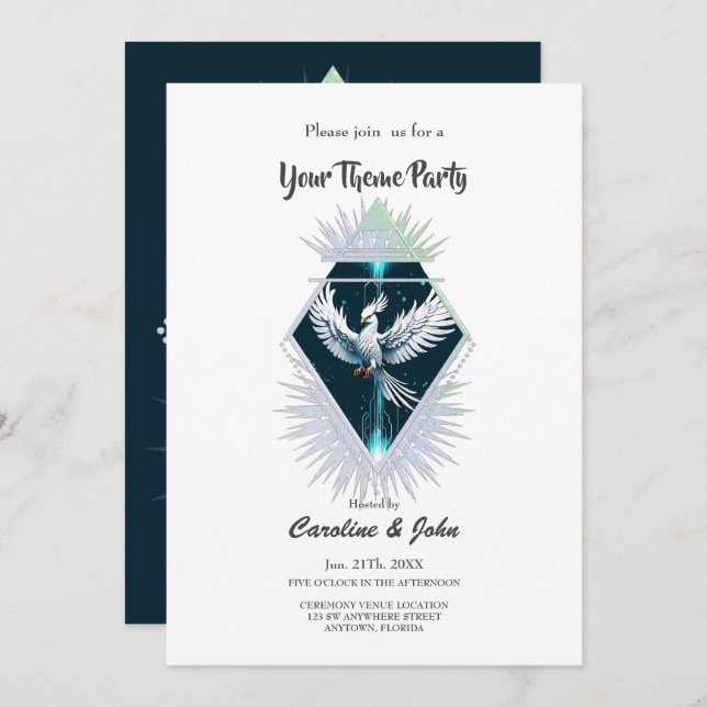 Invitación Fénix de fantasía blanca maravillosa. (Anverso / Reverso)