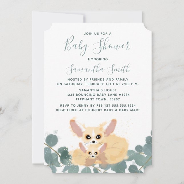 Invitación Fennec Fox Baby Shower Watercolor Greenereneration (Anverso)
