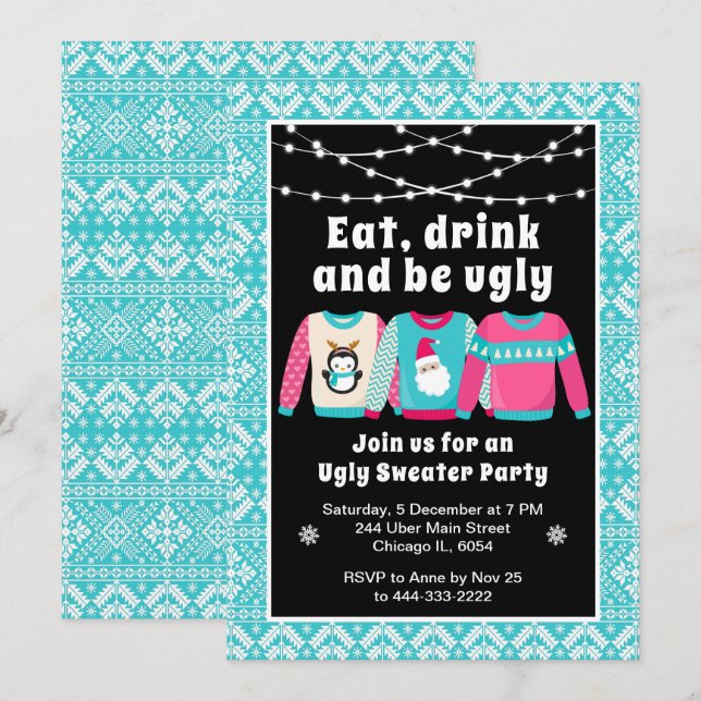 Invitación Feo fiesta de feriado de Navidades sudorosos azul (Anverso / Reverso)