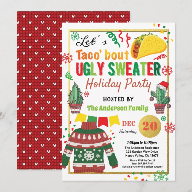 Invitación Feo Navidades de suéter fiesta taco'bout vacacione (Anverso / Reverso)