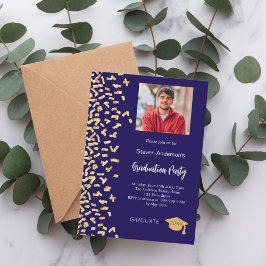 Invitación Feria de graduación foto de confeti de oro azul os