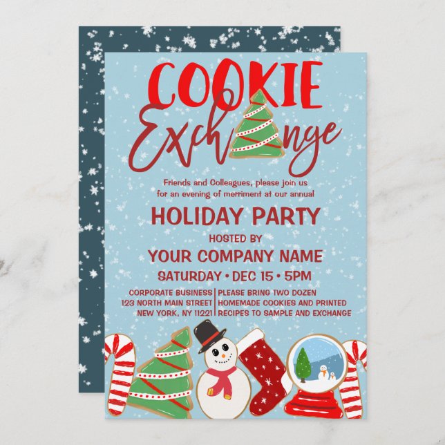 Invitación Feriado Corporativo Rojo Azul Cookie Exchange (Anverso / Reverso)
