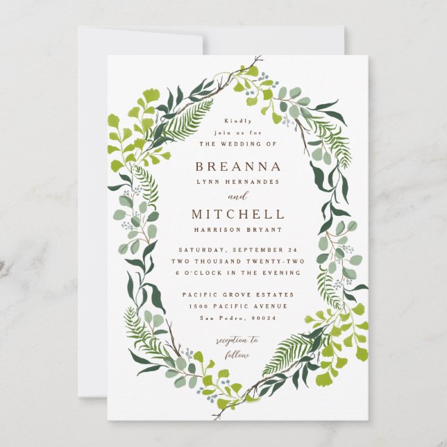 Invitación Fern Eucalyptus Boda de la vegetación de mano (Anverso)