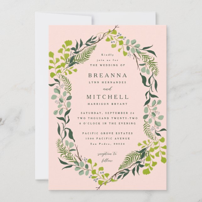 Invitación Fern Eucalyptus Boda rosa de la vegetación dibujad (Anverso)