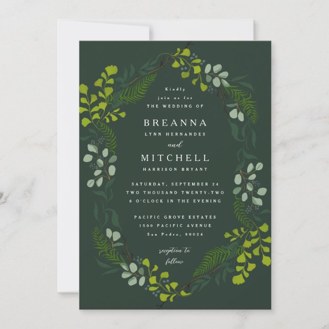 Invitación Fern Eucalyptus Boda Verde de la vegetación de la  (Anverso)
