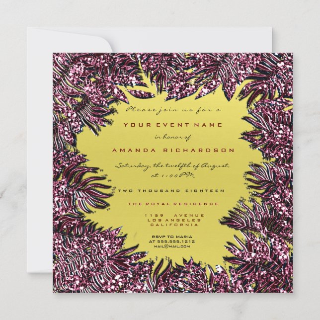 Invitación Fern Leafs con marco metálico borgoña rojo amarill (Anverso)