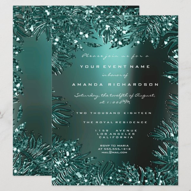 Invitación Fern Leafs Framed Cristales Verde azulados Acuátic (Anverso / Reverso)