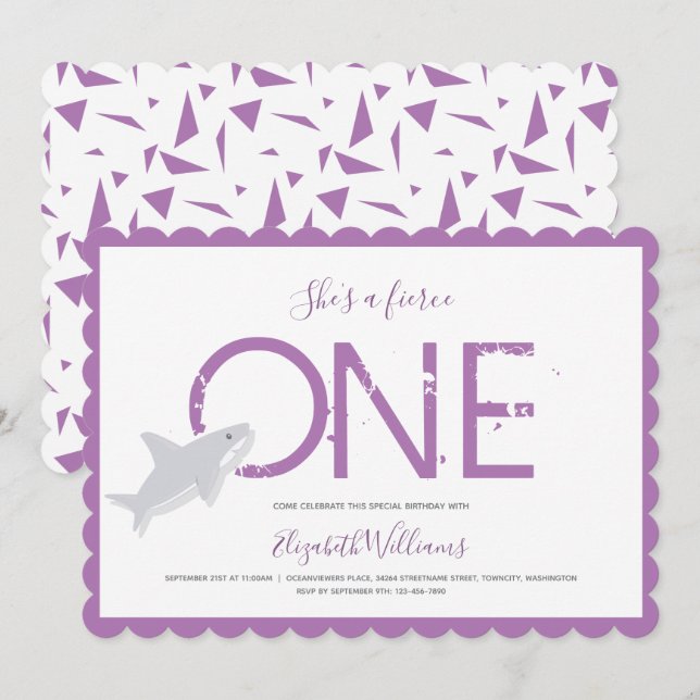 Invitación Feroz animal morado de primer cumpleaños Invi (Anverso / Reverso)