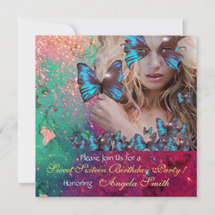 INVITACIÓN FESTA DE 16 AÑOS DE MARIPOSA AZUL MONOGRAMA, DORAD