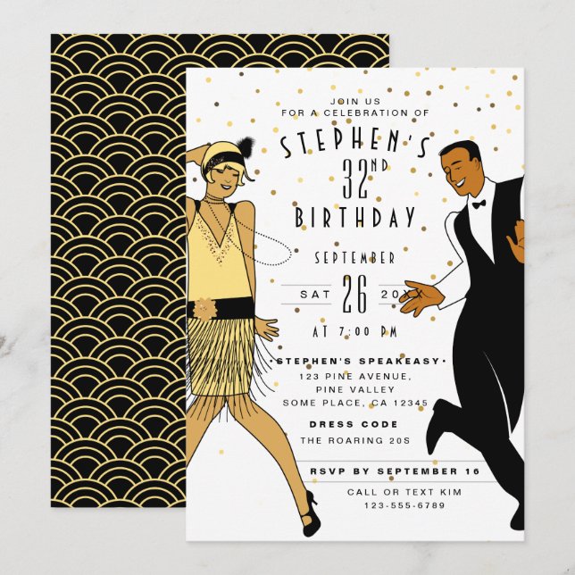 Invitación Festa de Cumpleaños de CUALQUIER EDAD Art Déco/Gra (Anverso / Reverso)