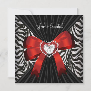 Invitación Festa de Cumpleaños Negra con Raya de Cebra Roja 2