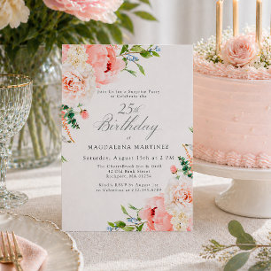 Invitación FESTA SORPRESA Cumpleaños 25 Feminino Floral Rosa